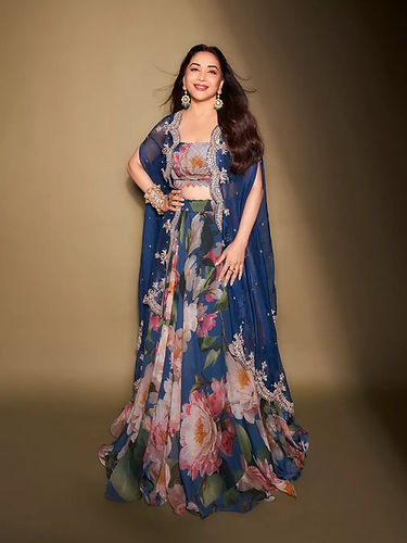 Bollywood Madhuri Dixit Digital Flower Printed Indowestern Lehenga With Shrug