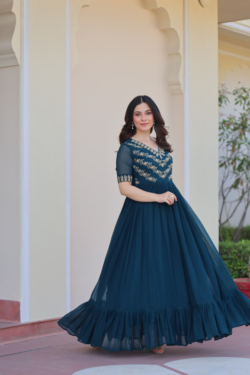 Rama Color Faux Blooming With Sequence Work Gown