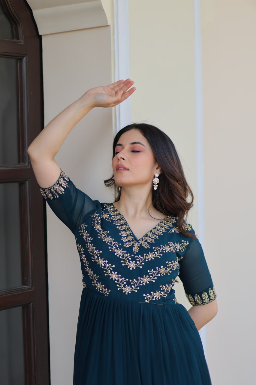Rama Color Faux Blooming With Sequence Work Gown