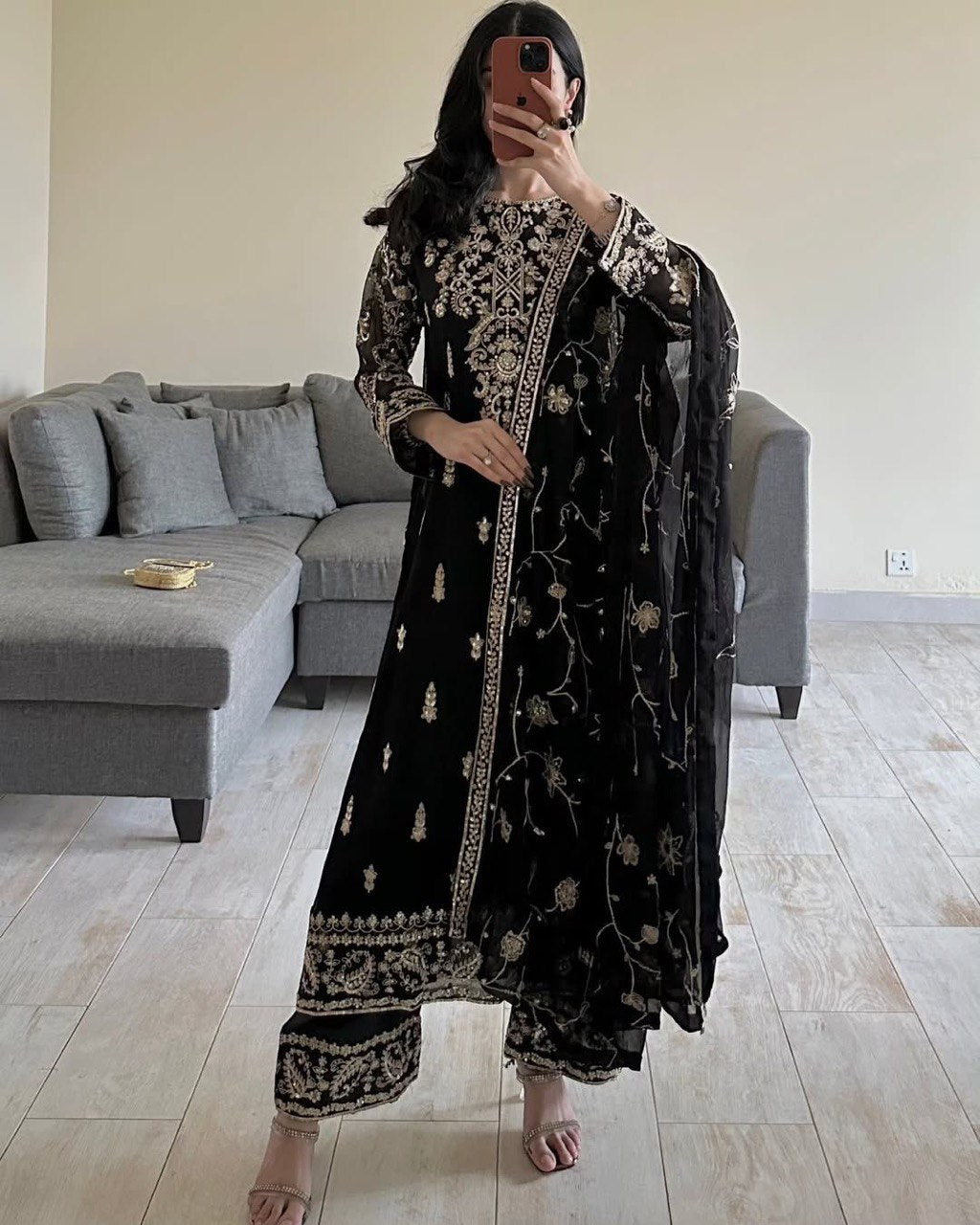 Black Color Heavy Sequence Work Top With Pent And Dupatta