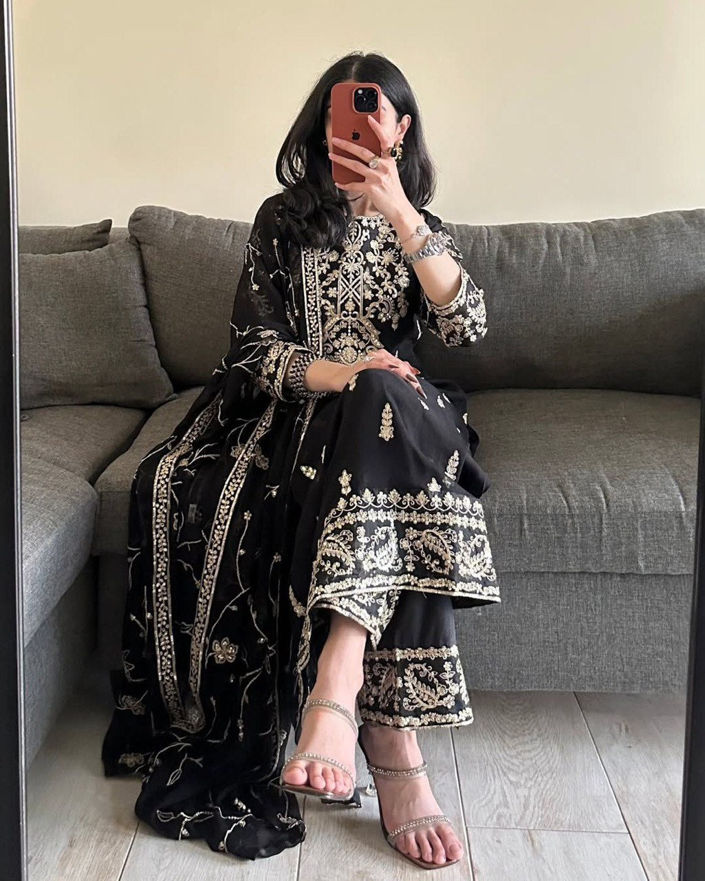 Black Color Heavy Sequence Work Top With Pent And Dupatta