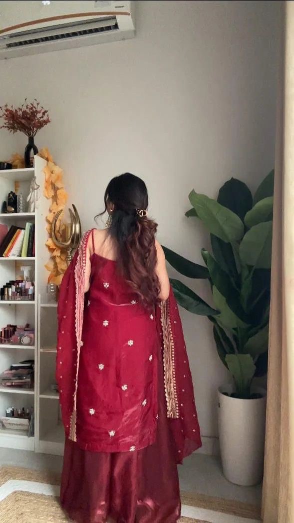 Red Color Jimmy Choo Silk With Thread And Sequence Work Sharara Suit