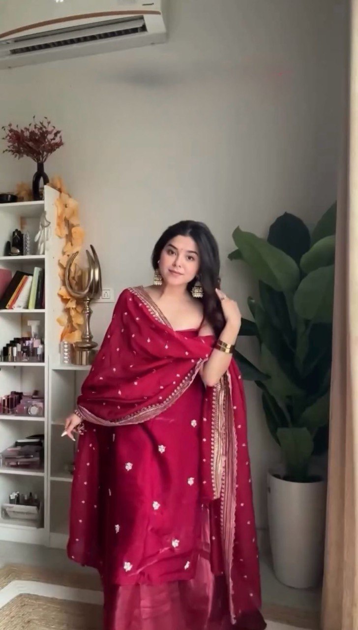 Red Color Jimmy Choo Silk With Thread And Sequence Work Sharara Suit