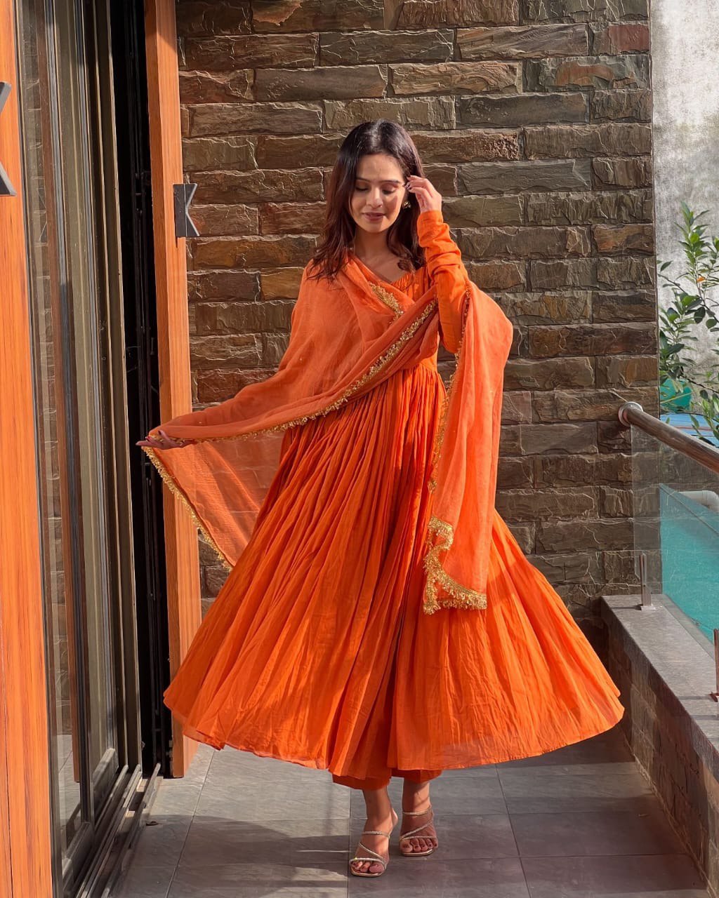 Orange Color Chinon Silk Function Wear Anarkali Suit