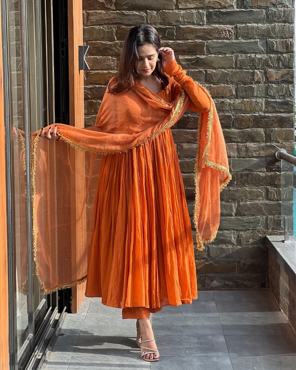 Orange Color Chinon Silk Function Wear Anarkali Suit