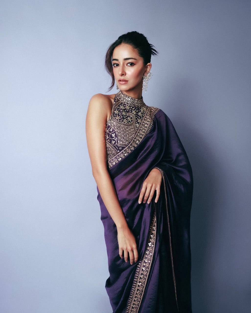 Ananya Pandey Wear Purple Color Coding Sequence Work Saree