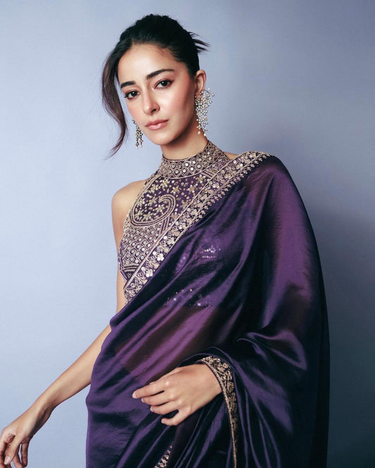 Ananya Pandey Wear Purple Color Coding Sequence Work Saree
