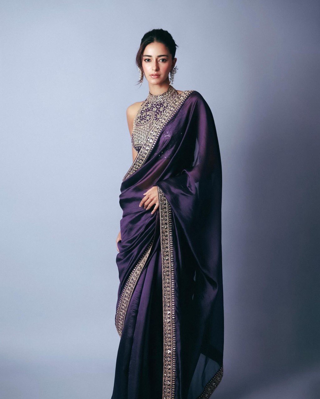 Ananya Pandey Wear Purple Color Coding Sequence Work Saree