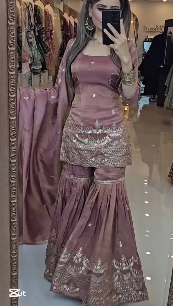 Onion Pink Color Simar Silk With Sequence Work Sharara Suit For Women