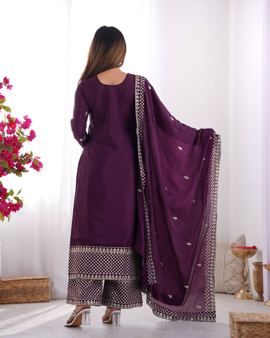 Wine Color Chinon Silk With Sequence Work Suit For Wedding