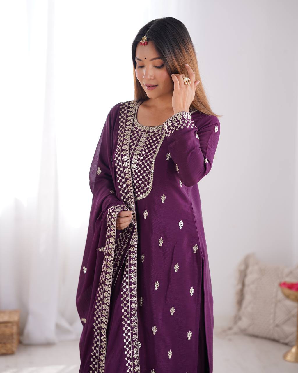 Wine Color Chinon Silk With Sequence Work Suit For Wedding