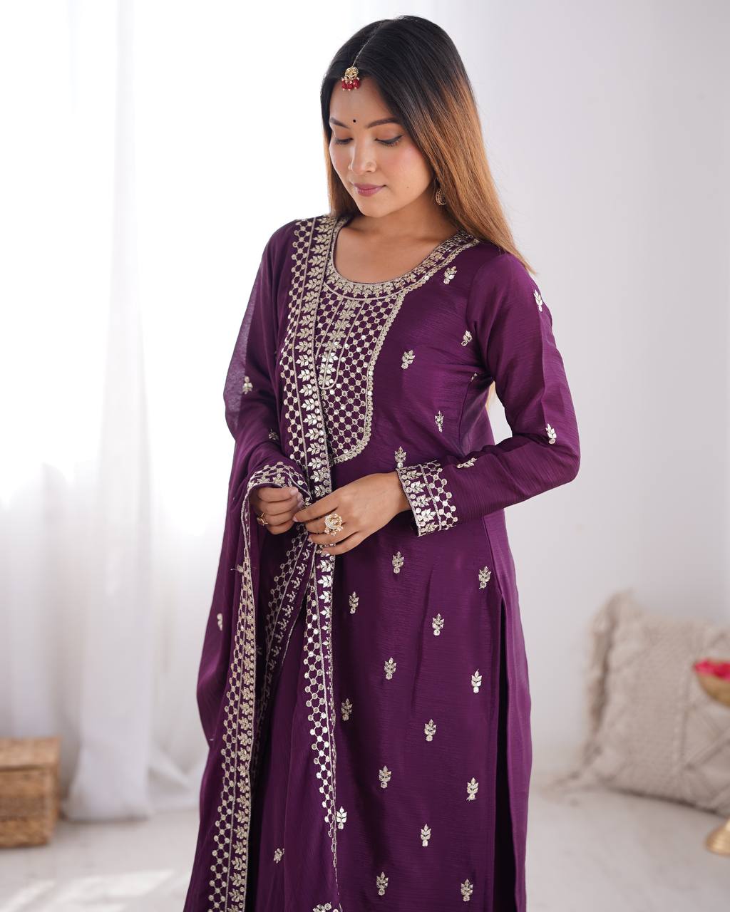 Wine Color Chinon Silk With Sequence Work Suit For Wedding