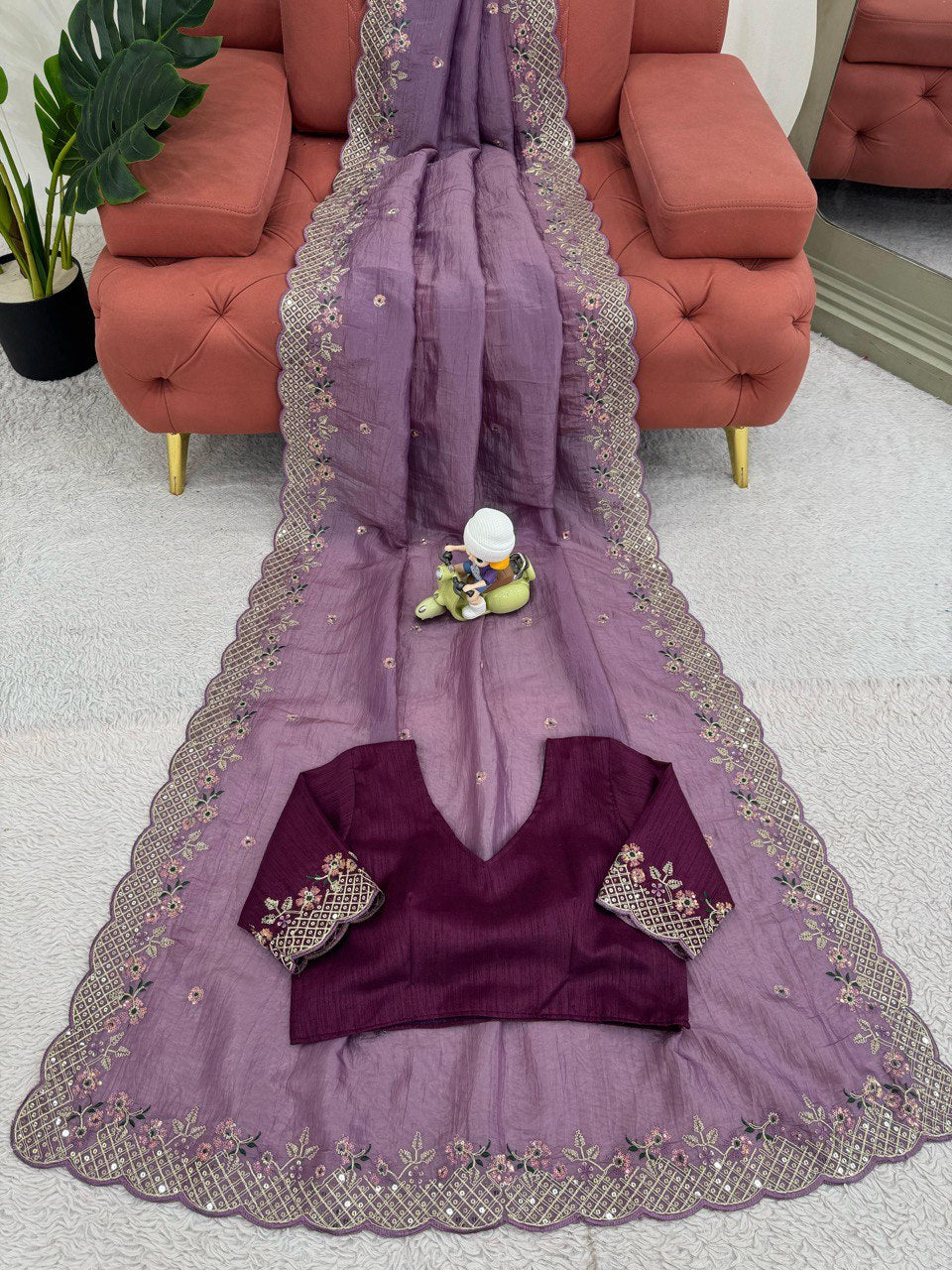 Purple Color Crunchy Silk With Thread And Sequence Work Saree For Wedding