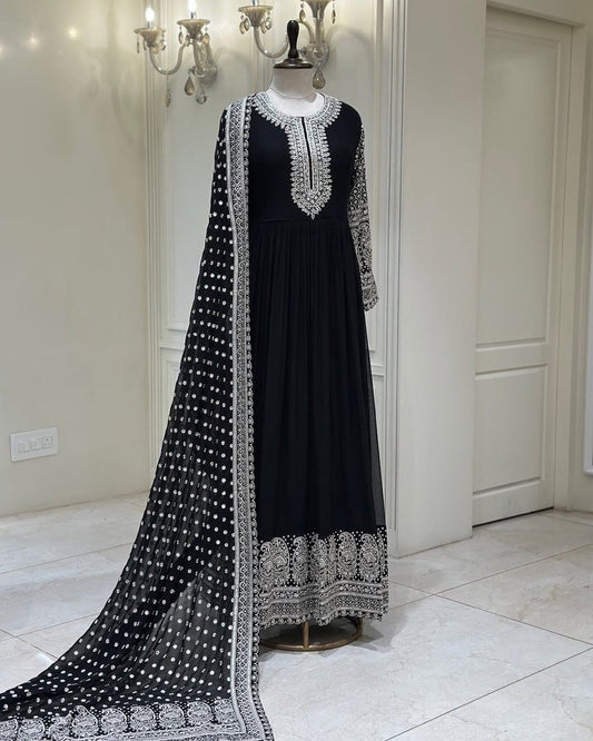 Black Color Faux Georgette With Sequence Work Long Gown