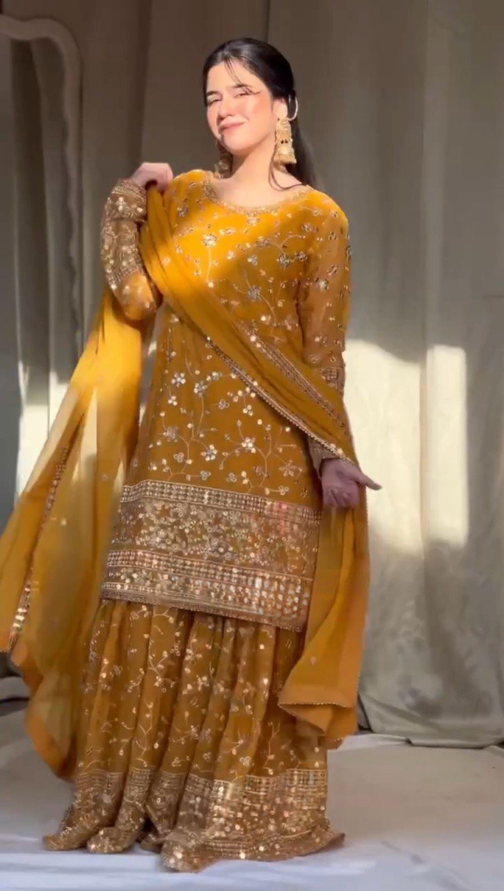 Yellow Color Faux Georgette With Sequence Work Sharara Suit