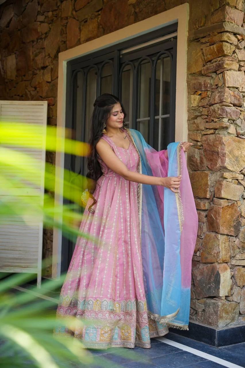 Pink Color Jimmy Chu Silk With Digital Printed Long Anarkali Gown
