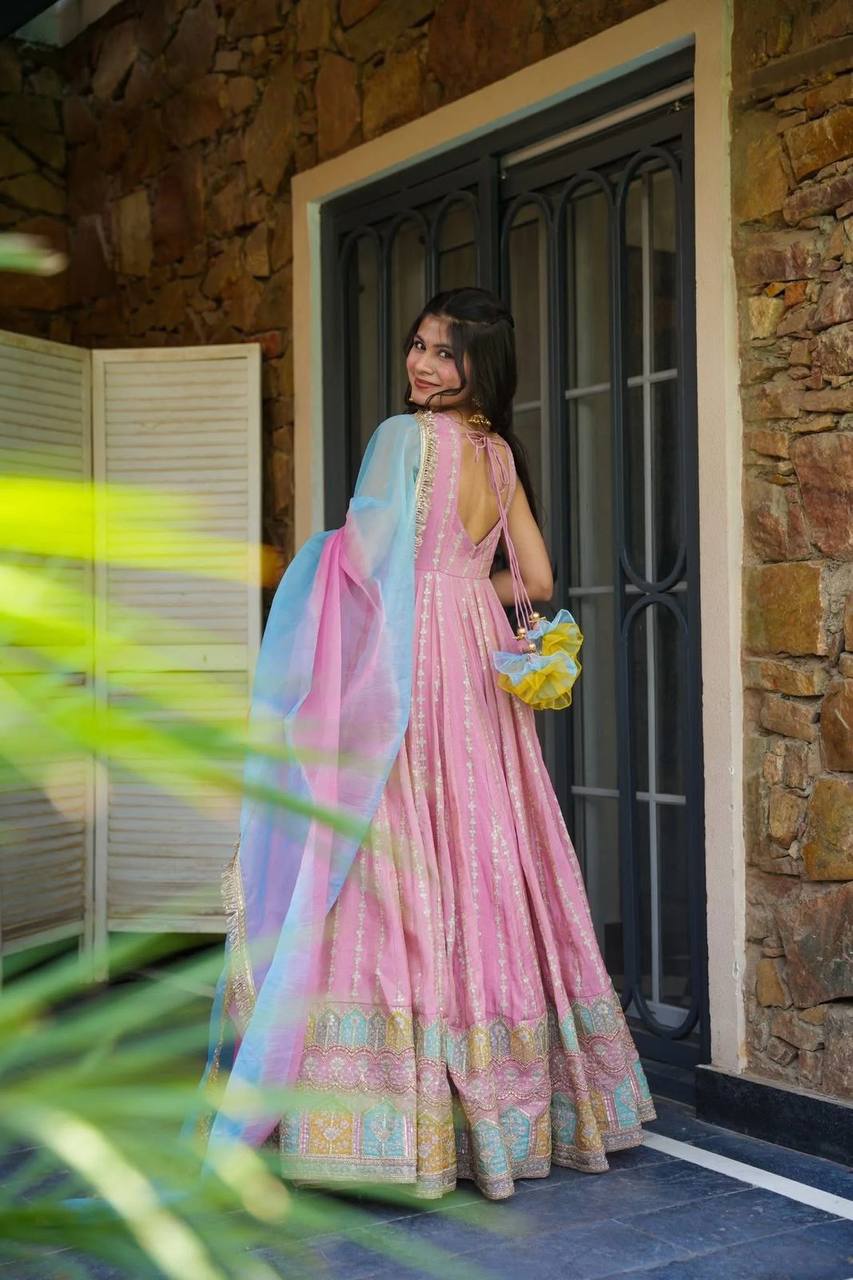 Pink Color Jimmy Chu Silk With Digital Printed Long Anarkali Gown