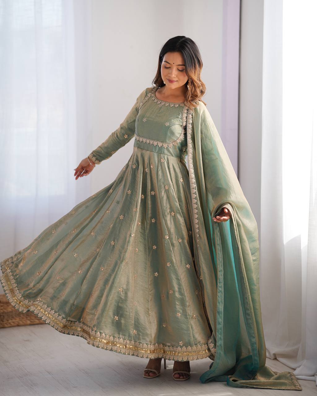 Sea green Color Coding With Sequence Work Long Gown With Dupatta