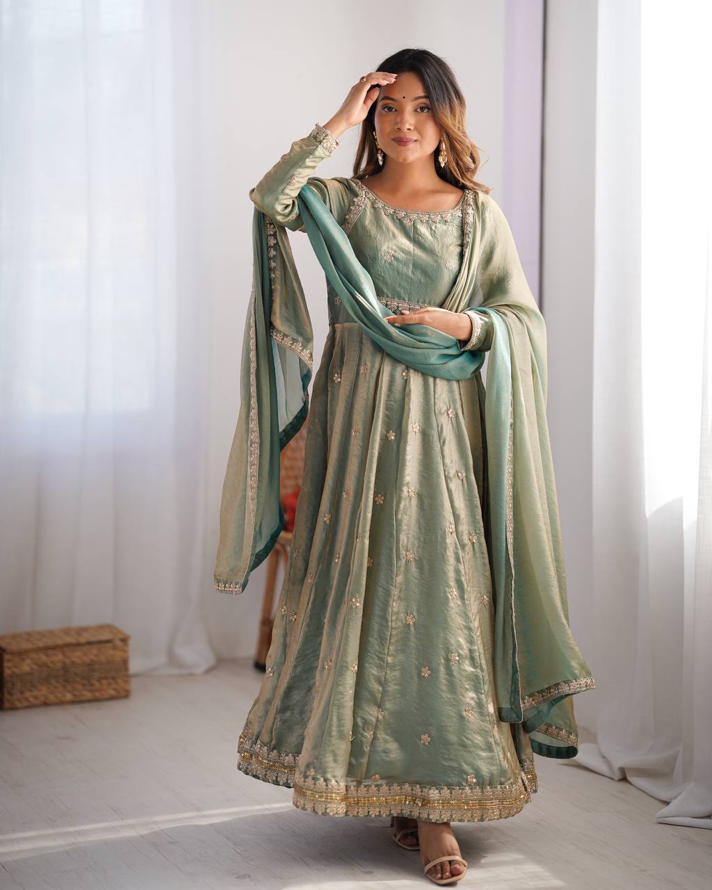 Sea green Color Coding With Sequence Work Long Gown With Dupatta