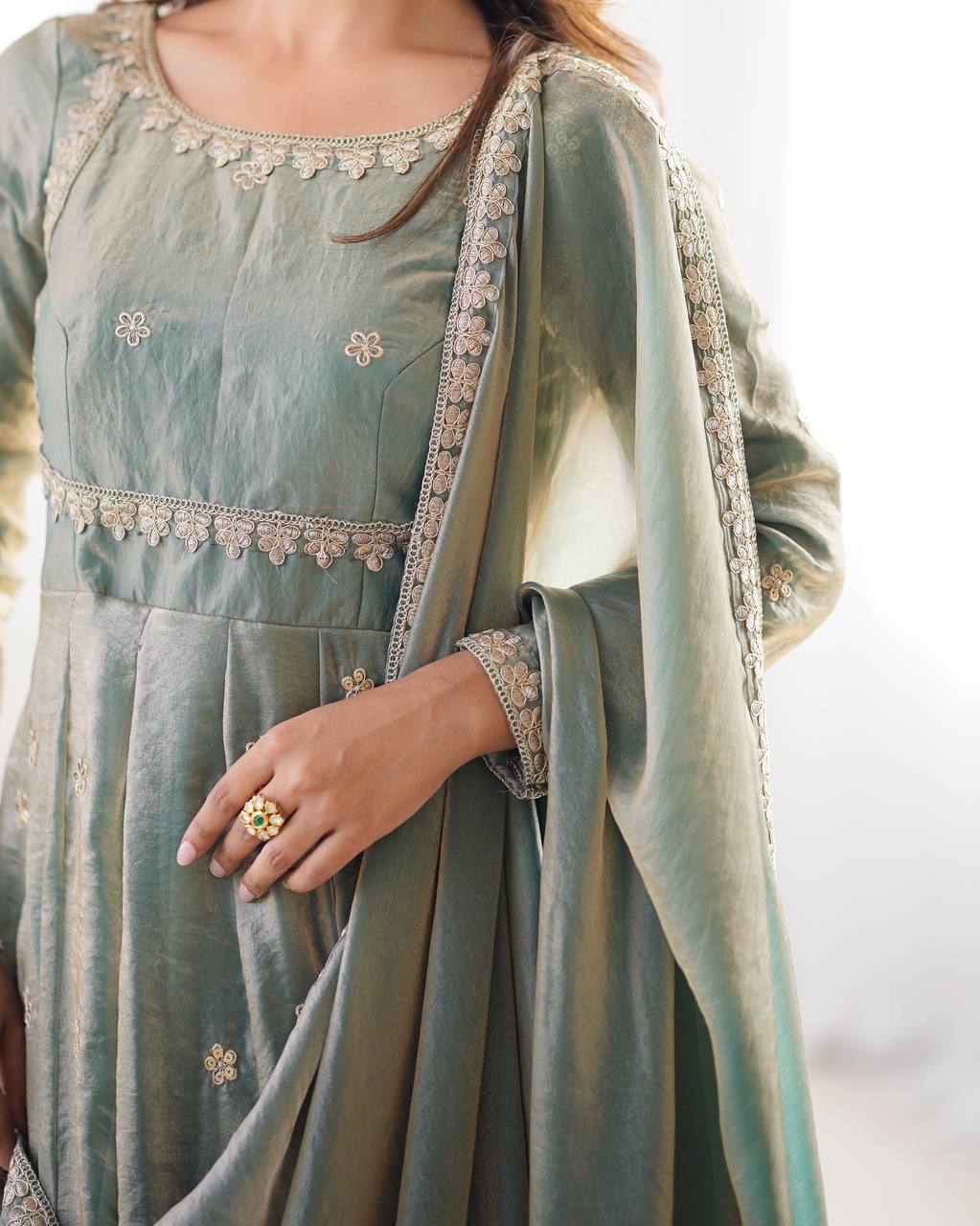 Sea green Color Coding With Sequence Work Long Gown With Dupatta