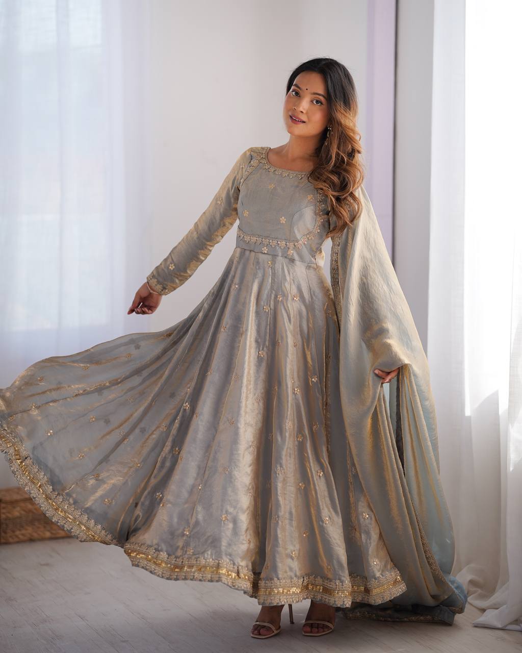 Gray Color Fandy Silk With Sequence Work Long Anarkali Gown