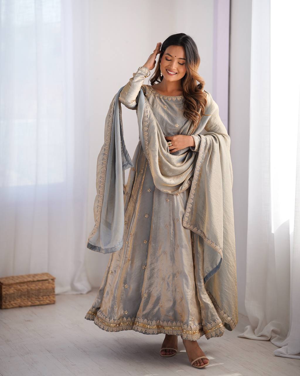 Gray Color Fandy Silk With Sequence Work Long Anarkali Gown