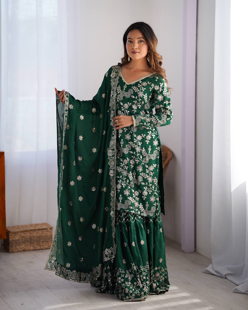Green Color Wedding Wear Sharara Suit With Dupatta