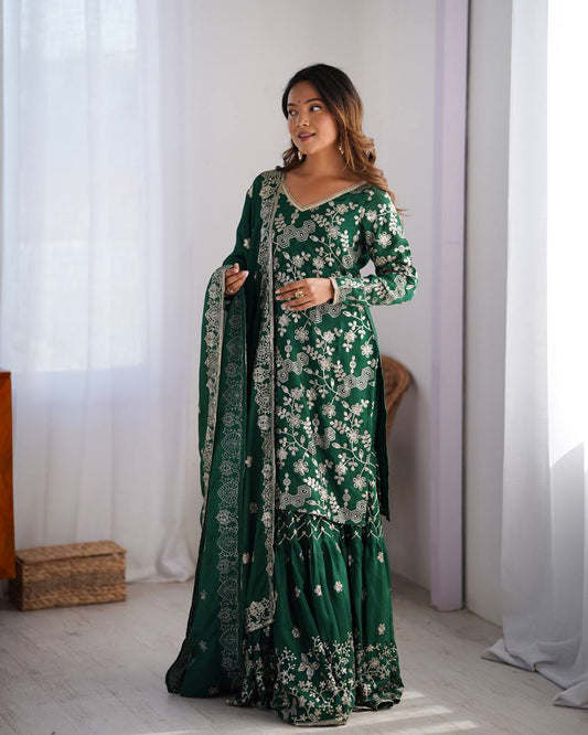 Green Color Wedding Wear Sharara Suit With Dupatta
