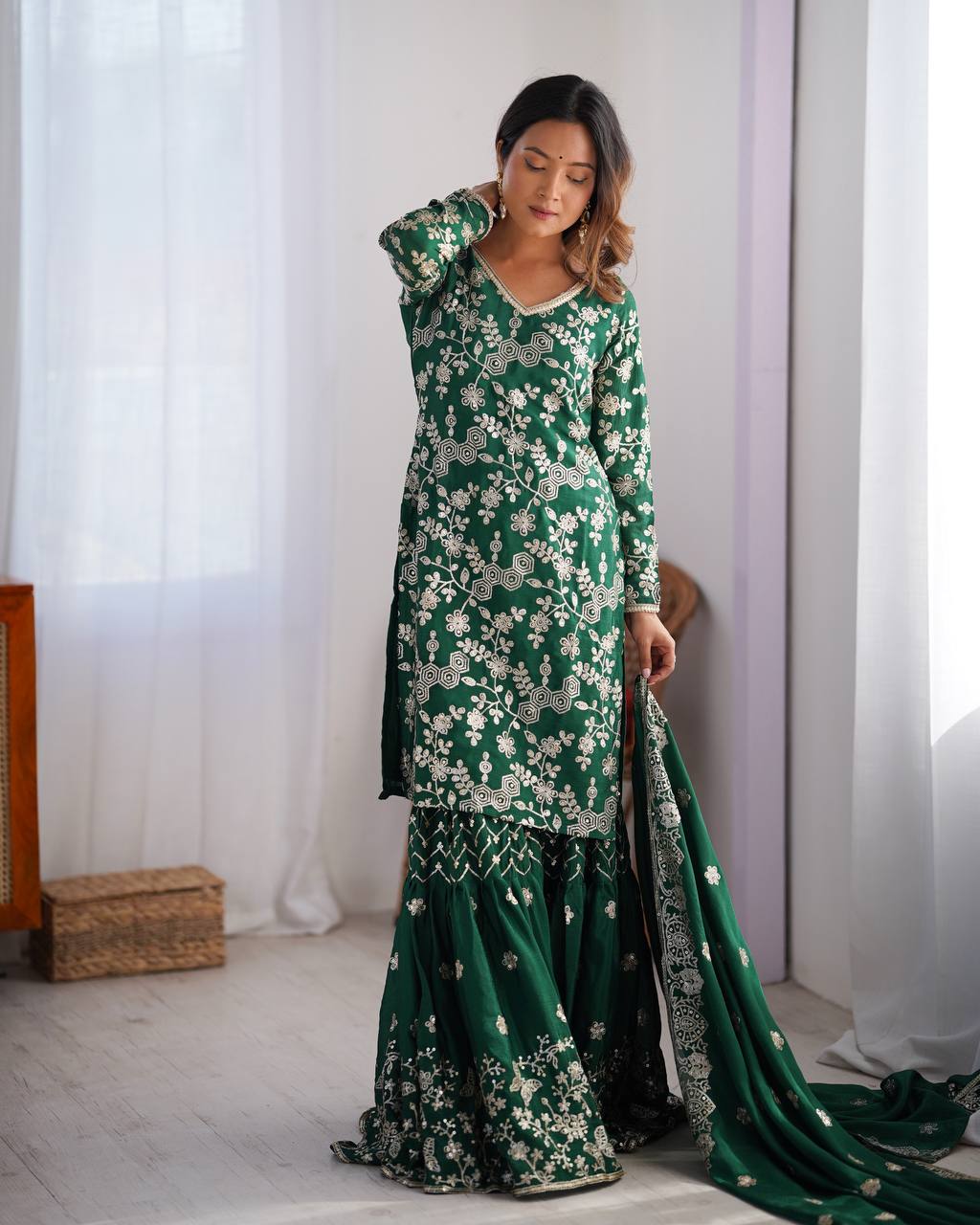 Green Color Wedding Wear Sharara Suit With Dupatta