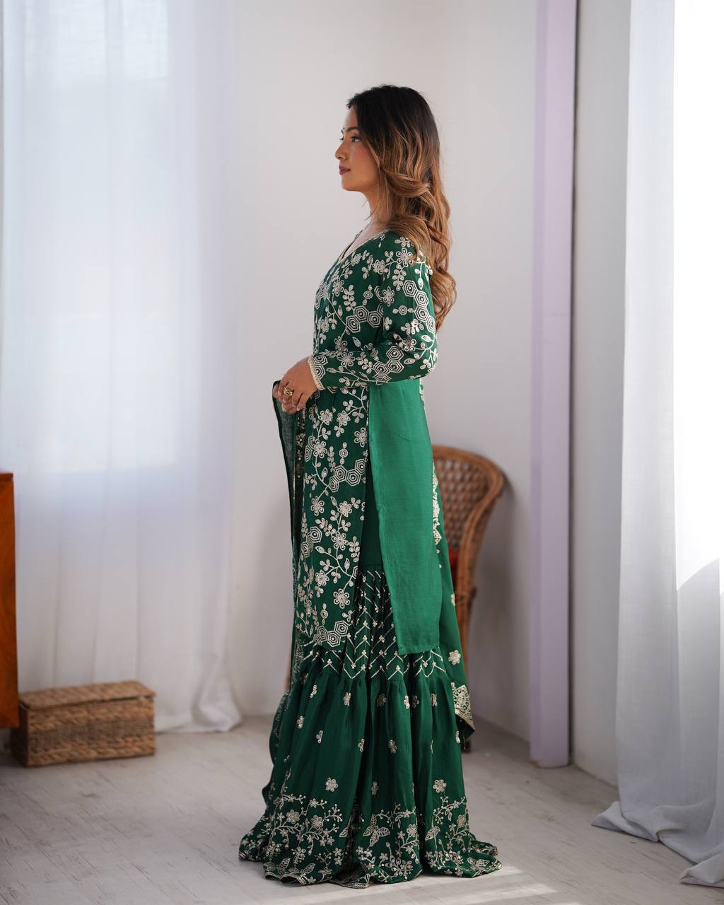 Green Color Wedding Wear Sharara Suit With Dupatta