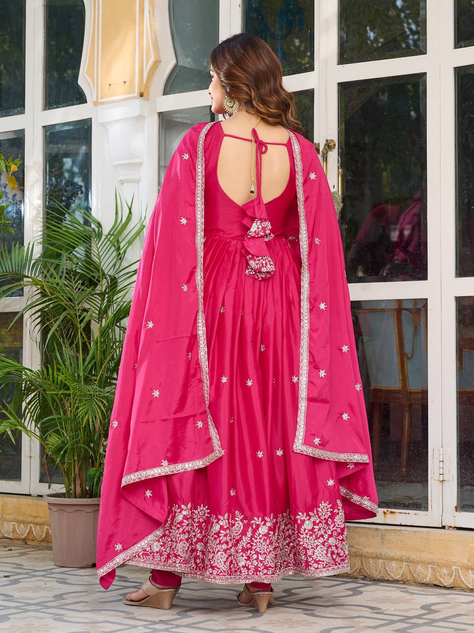 Rani Color American Silk Wear Long Anarkali Gown With Dupatta