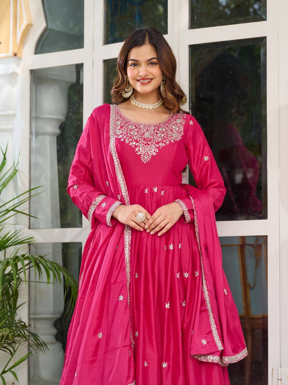 Rani Color American Silk Wear Long Anarkali Gown With Dupatta