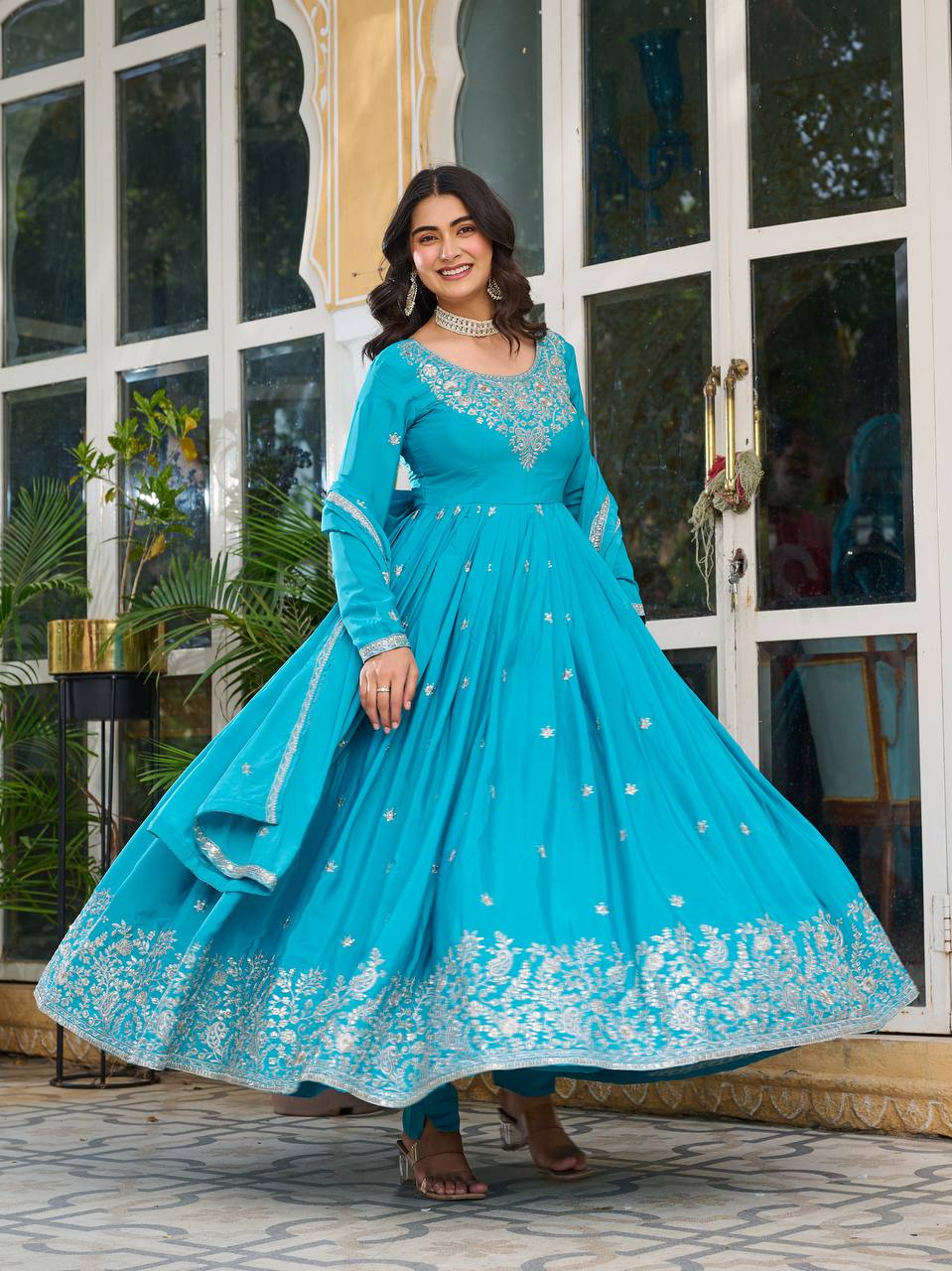 Sky Blue Color Function Wear Anarkali Long Gown With Dupatta