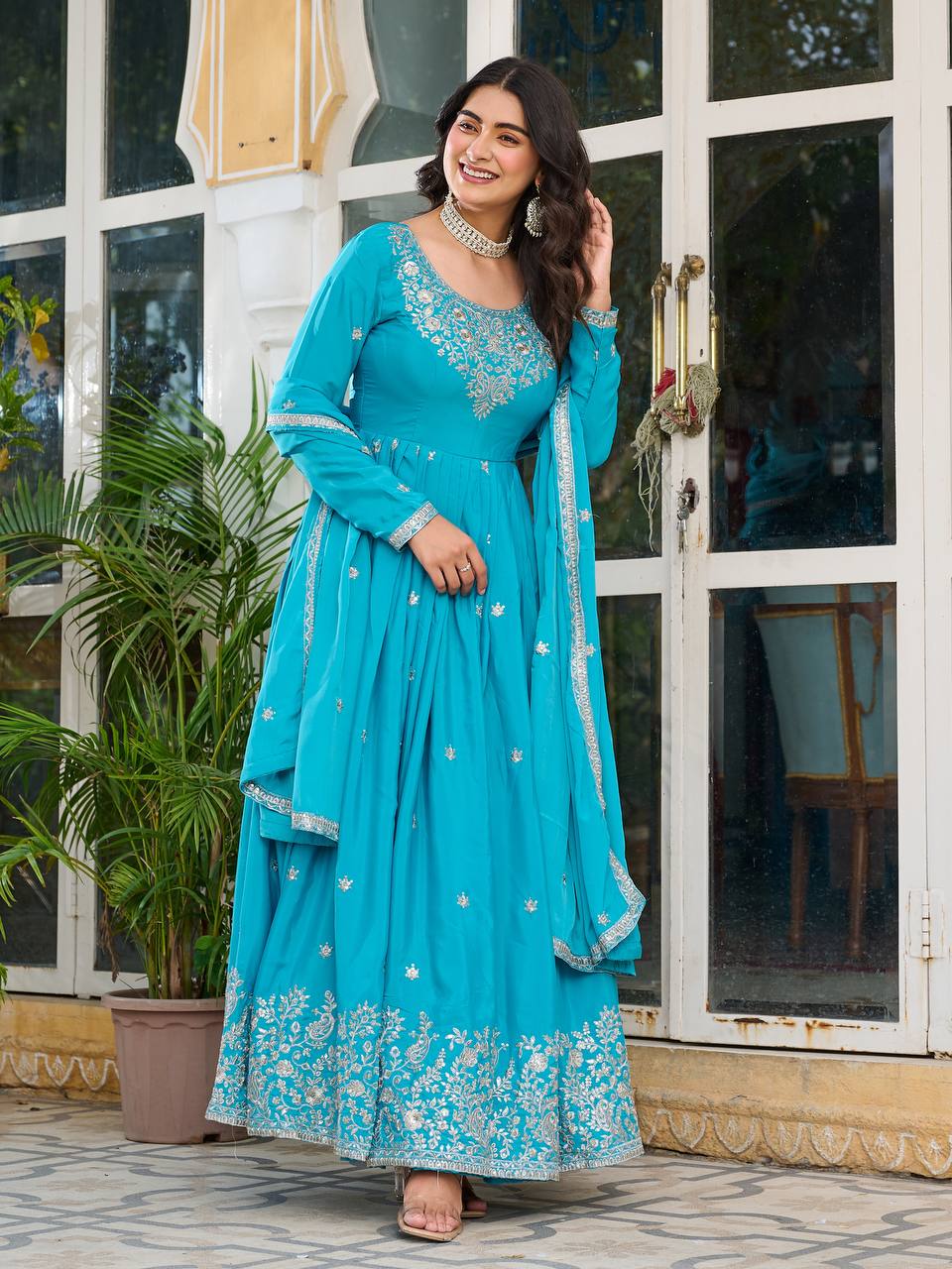 Sky Blue Color Function Wear Anarkali Long Gown With Dupatta
