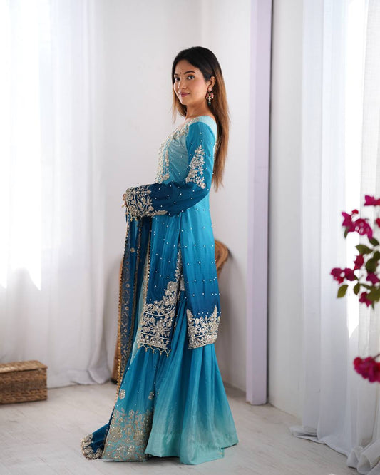 Royal Blue And Sky Color Coding With Sequence Work Sharara Suit
