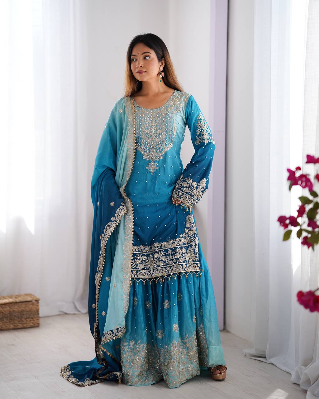 Royal Blue And Sky Color Coding With Sequence Work Sharara Suit