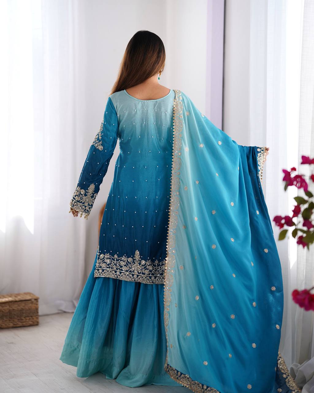 Royal Blue And Sky Color Coding With Sequence Work Sharara Suit
