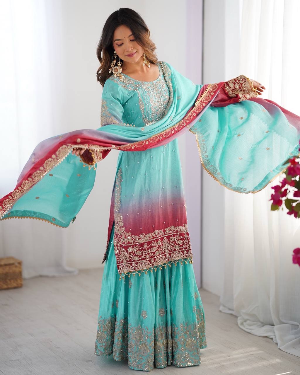 Sky Blue And Pink Color Chinon Silk With Sequence Work Sharara Suit