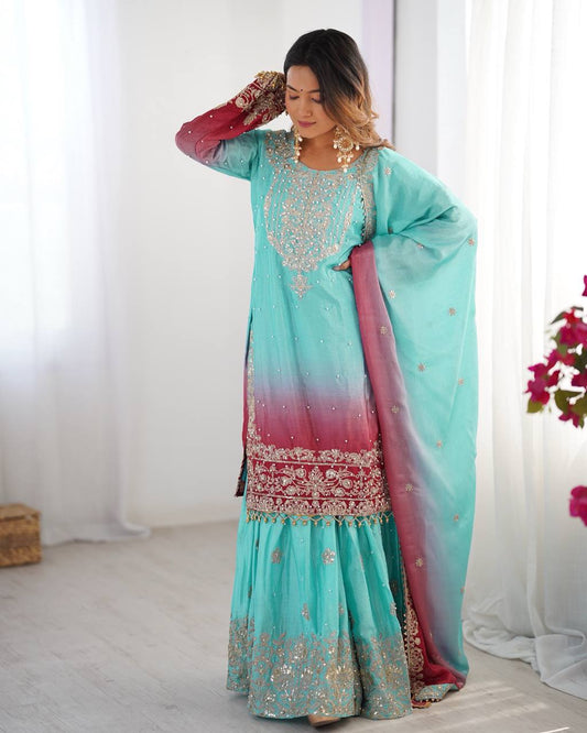 Sky Blue And Pink Color Chinon Silk With Sequence Work Sharara Suit