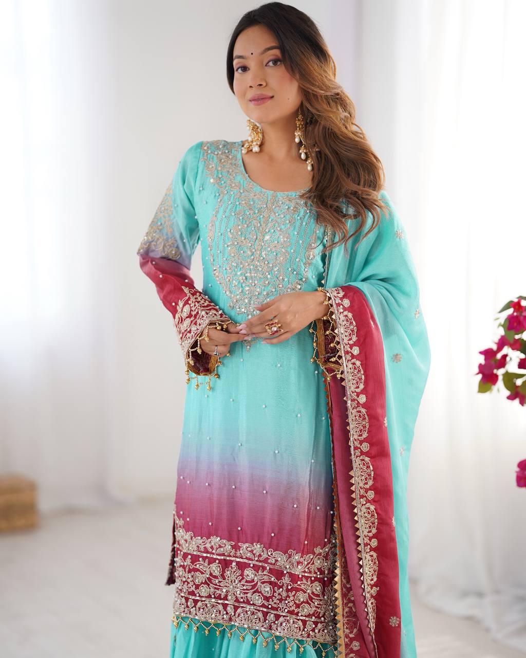 Sky Blue And Pink Color Chinon Silk With Sequence Work Sharara Suit
