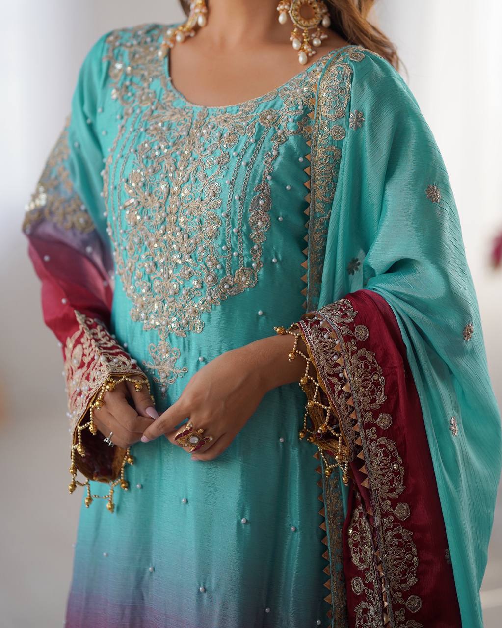 Sky Blue And Pink Color Chinon Silk With Sequence Work Sharara Suit