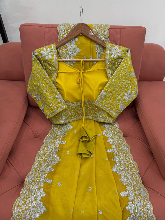 Heavy Tabby Silk Yellow Color Wedding Wear Saree