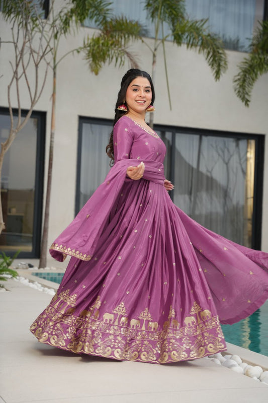 Purple Color Chinon Silk With Embroidery Work Gown With Dupatta