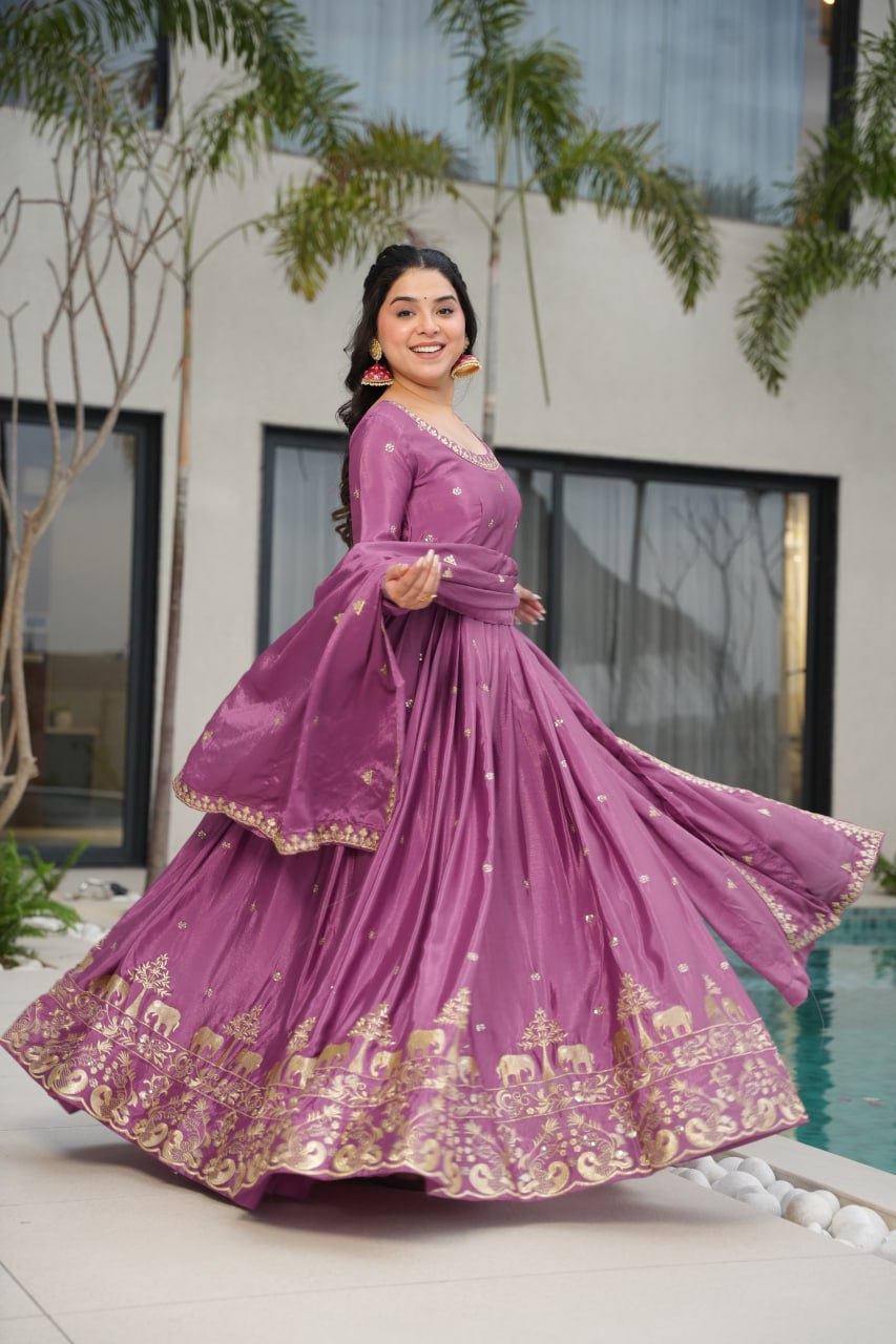 Purple Color Chinon Silk With Embroidery Work Gown With Dupatta