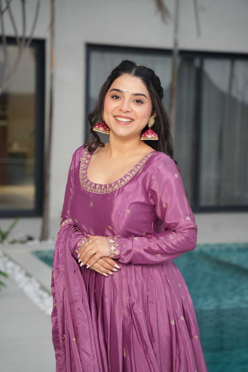 Purple Color Chinon Silk With Embroidery Work Gown With Dupatta