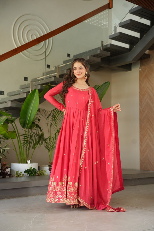 Red Color Chinon With Embroidery Work Gown With Dupatta