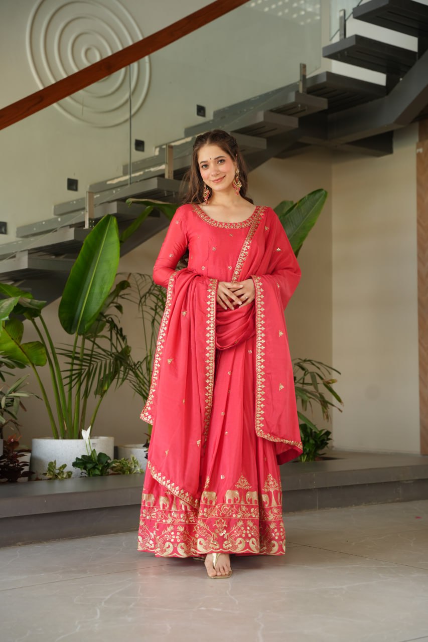 Red Color Chinon With Embroidery Work Gown With Dupatta