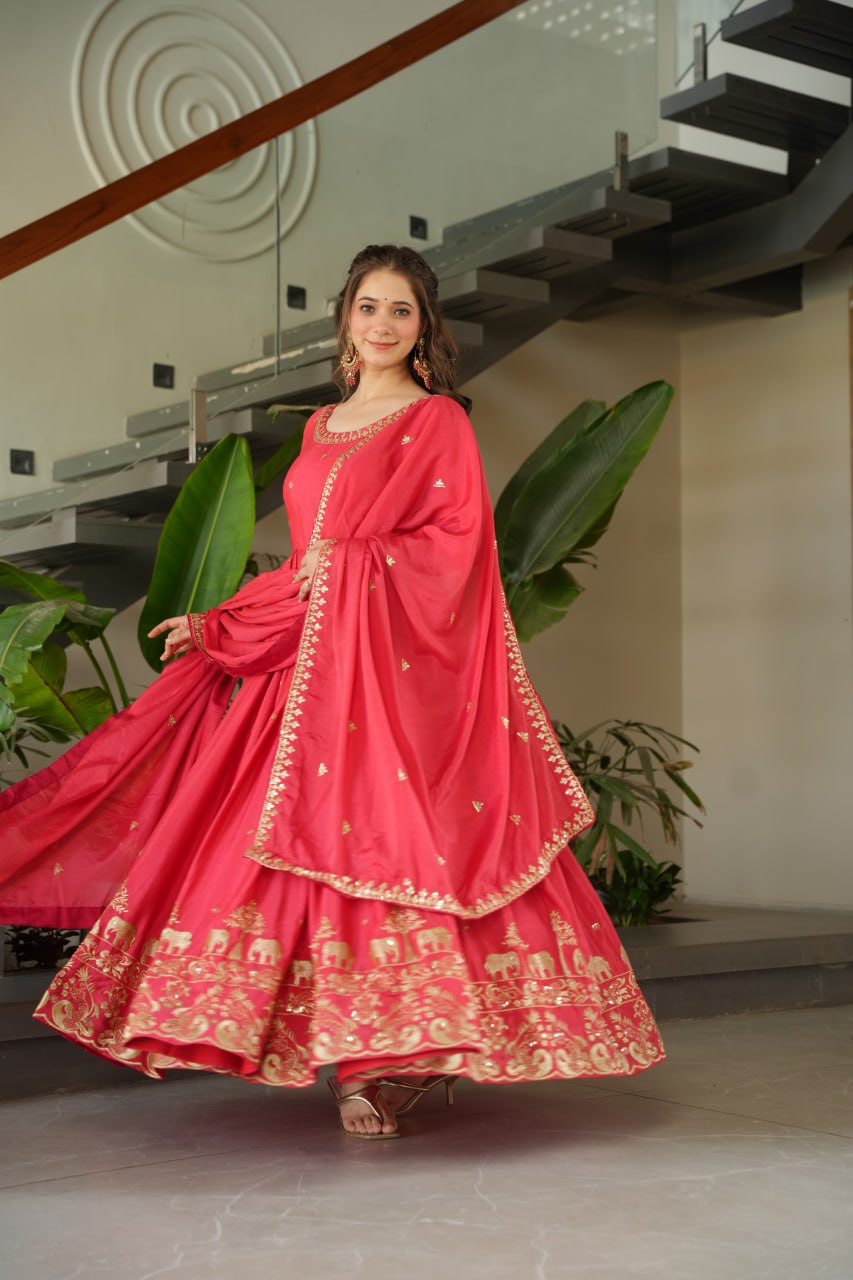 Red Color Chinon With Embroidery Work Gown With Dupatta