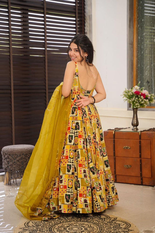 Yellow Color Beautiful Digital Printed Long Anarkali Gown With Dupatta