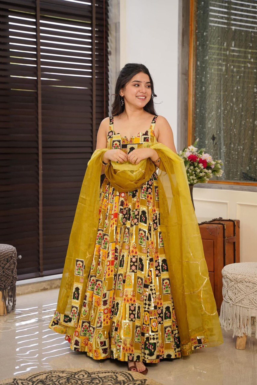 Yellow Color Beautiful Digital Printed Long Anarkali Gown With Dupatta